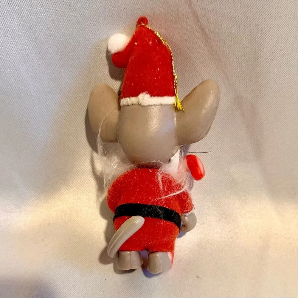 Vintage Christmas Mouse Ornament with Candy Cane Flocked Santa Suit 4”H